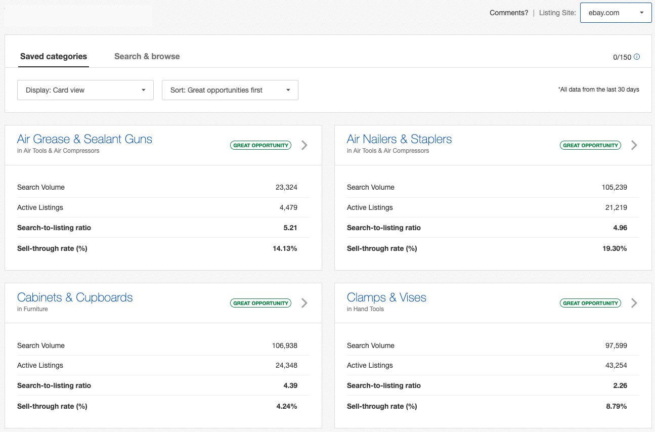 eBay Product Research (Terapeak) inside eBay Seller Hub — showing the Research tab, Product Research option in the left sidebar, and the search interface for analyzing sold listing data