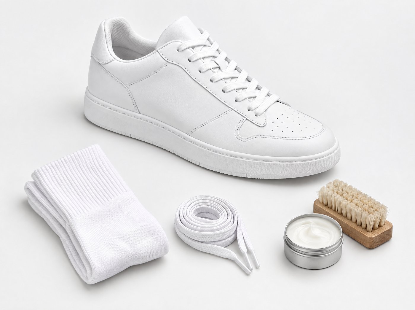 A pair of white trainers shown with matching socks, spare laces and a shoe care kit as cross-sell items