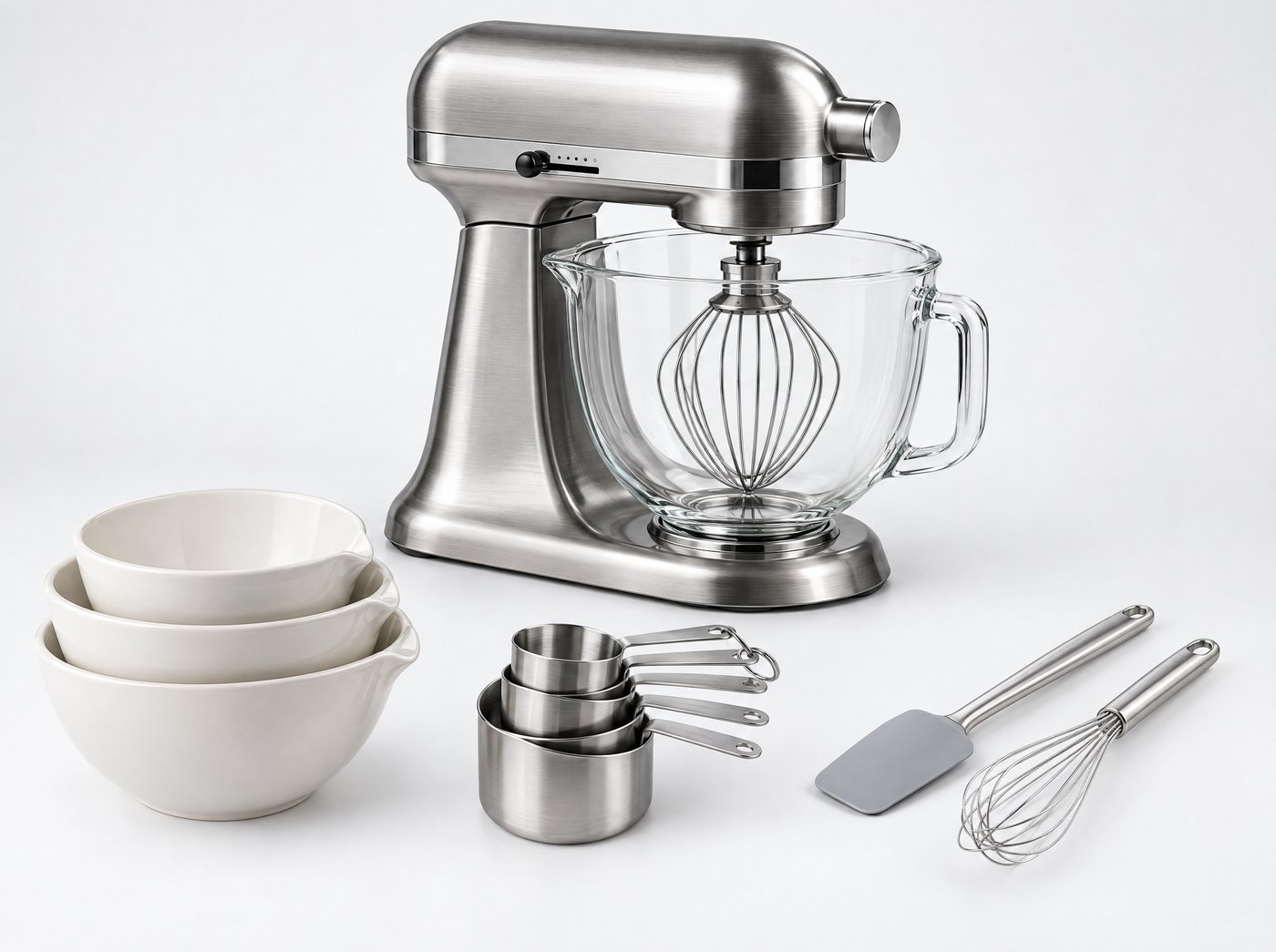 A stand mixer shown with matching mixing bowls, measuring cups and utensils as cross-sell items