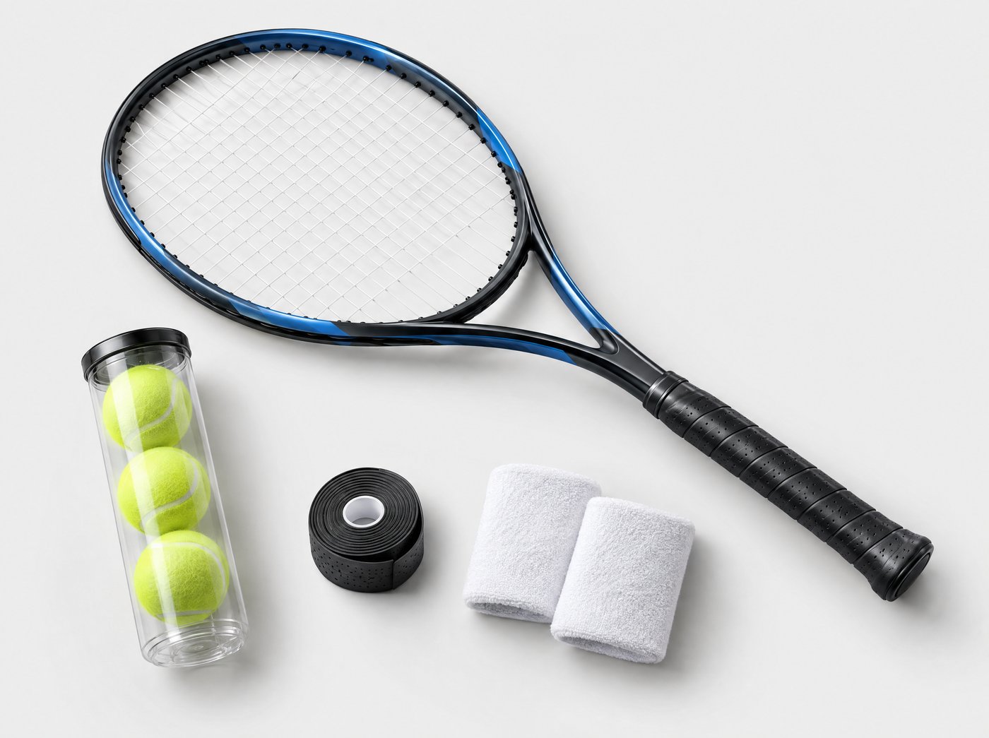 A tennis racket shown with matching tennis balls, grip tape and wristbands as cross-sell items