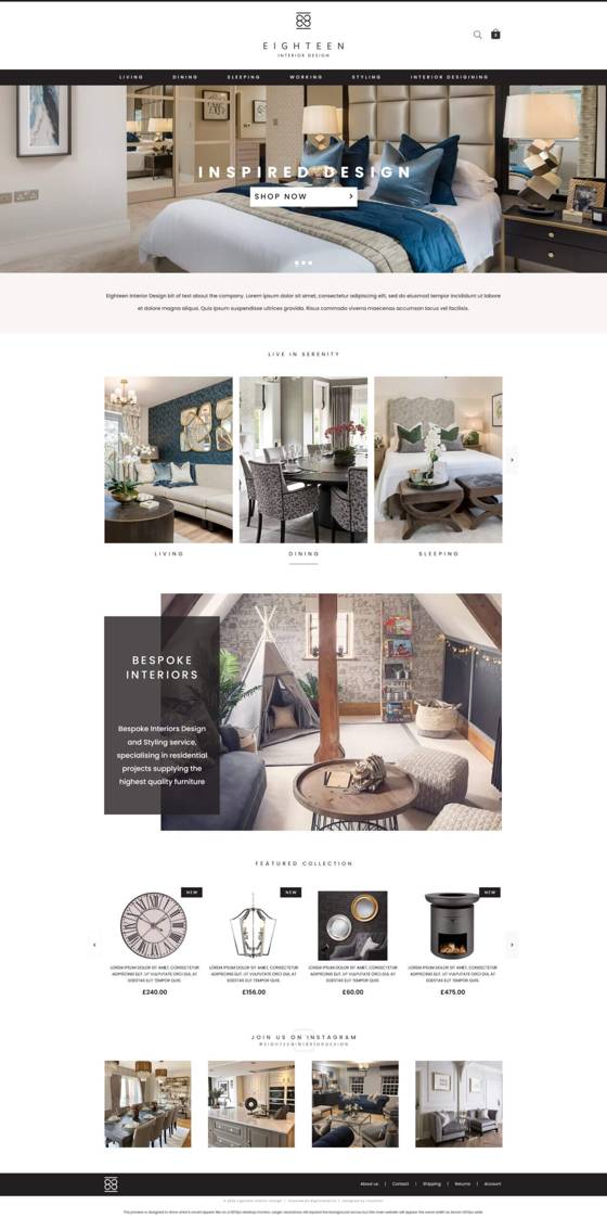 Eighteen Interior Design Shopify website designed by Frooition